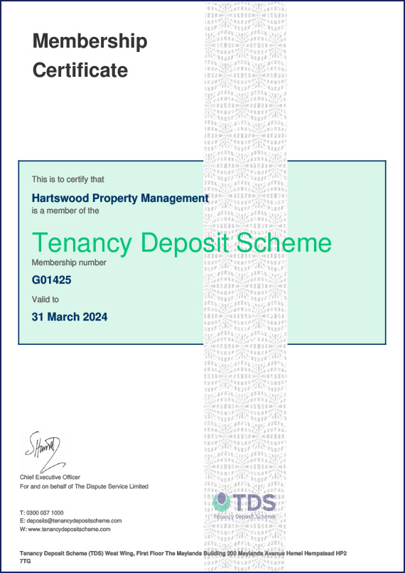 Tenancy Deposits Scheme Certificate