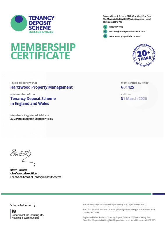 Tenancy Deposits Scheme Certificate